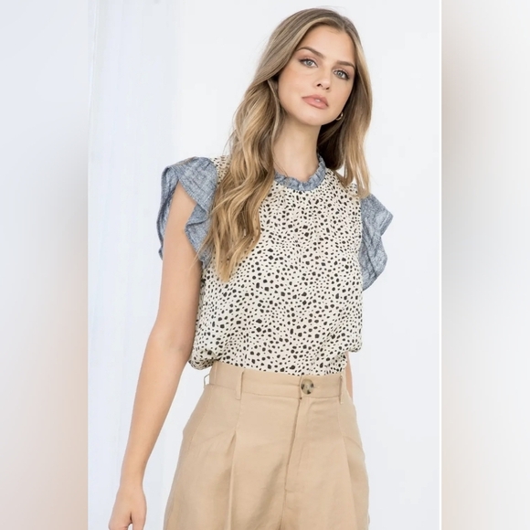 THML Tops - THML Crinkle Chiffon Spotted Print Ruffle Top, Sz S